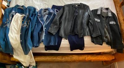 LADIES CLOTHING, LEATHER JACKET, VEST, AND PANTS