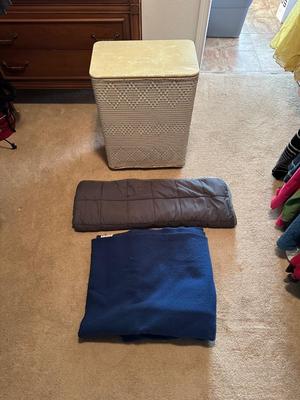 CLOTHES HAMPER, WEIGHTED BLANKET, WOOL BLANKET & FEATHER PILLOW