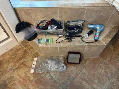 HAIR DRYER, CURLING IRON, HAIR CLIPS AND PONIES, BLOOD PRESSURE MONITOR & NEW WIG