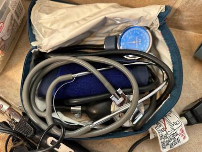 HAIR DRYER, CURLING IRON, HAIR CLIPS AND PONIES, BLOOD PRESSURE MONITOR & NEW WIG