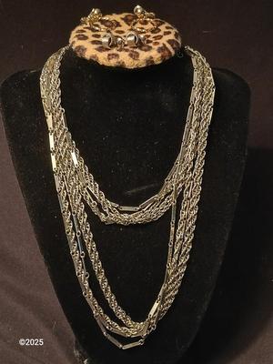 Long multi-chain necklace with an assortment of clip-on earrings