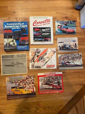 NHRA’S JOHN FORCE AUTOGRAPHED CARD ALONG WITH OTHERS AND AUTOMOBILE BOOKS