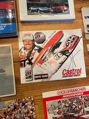 NHRA’S JOHN FORCE AUTOGRAPHED CARD ALONG WITH OTHERS AND AUTOMOBILE BOOKS