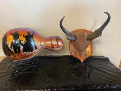 PAINTED GOURD AND MOUNTED HORNS