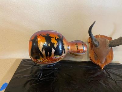 PAINTED GOURD AND MOUNTED HORNS