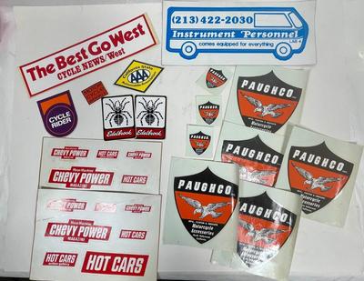 Vintage Automotive & Motorcycle Equipment Sticker Lot - Paughco, Cycle Rider, Hot Cars, Cycle News West, and more.
