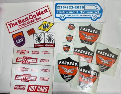 Vintage Automotive & Motorcycle Equipment Sticker Lot - Paughco, Cycle Rider, Hot Cars, Cycle News West, and more.