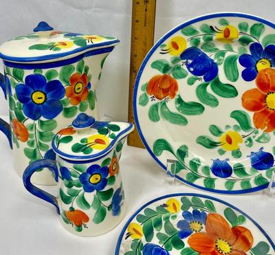 Vintage Set of Painted Ditmar Urbach Czechoslovakia Ceramic pottery Floral Plates Coffee/Tea pot and creamer lidded