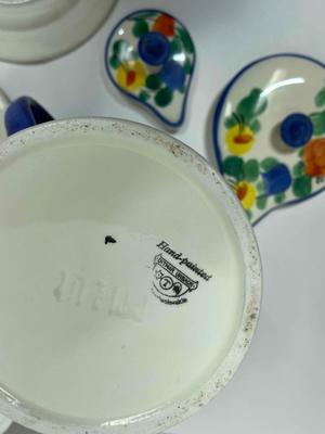 Vintage Set of Painted Ditmar Urbach Czechoslovakia Ceramic pottery Floral Plates Coffee/Tea pot and creamer lidded