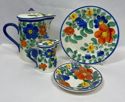Vintage Set of Painted Ditmar Urbach Czechoslovakia Ceramic pottery Floral Plates Coffee/Tea pot and creamer lidded