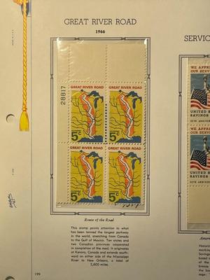 Great River Road & Servicemen and Bonds 1966 Mint Condition US Stamp Plate Blocks Page as Pictured. Only One $5 Shipping Charge for 1...