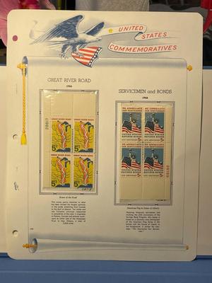 Great River Road & Servicemen and Bonds 1966 Mint Condition US Stamp Plate Blocks Page as Pictured. Only One $5 Shipping Charge for 1...