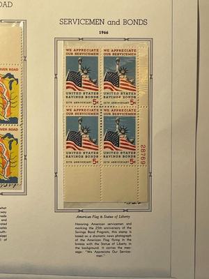 Great River Road & Servicemen and Bonds 1966 Mint Condition US Stamp Plate Blocks Page as Pictured. Only One $5 Shipping Charge for 1...