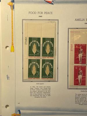 Food for Peace & Amelia Earhart 1963 Mint Condition US Stamp Plate Blocks Page as Pictured. Only One $5 Shipping Charge for 1 or 100...