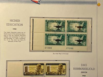 Higher Education & Dag Hammarskjold 1962 Mint Condition US Stamp Plate Blocks Page as Pictured. Only One $5 Shipping Charge for 1 or...