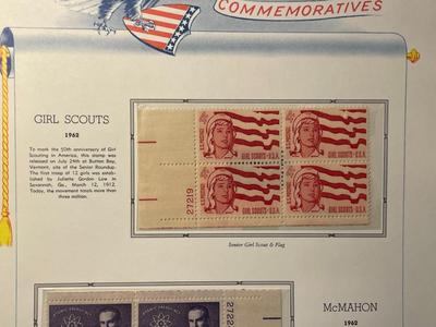 Girl Scouts & McMahon 1962 Mint Condition US Stamp Plate Blocks Page as Pictured. Only One $5 Shipping Charge for 1 or 100 Pages Won.