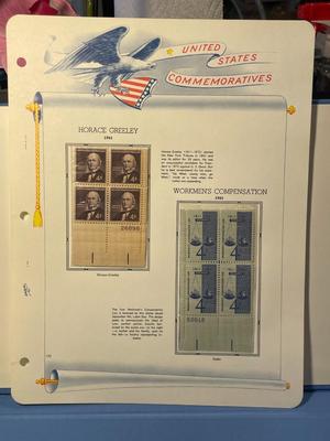 Horace Greeley & Workmen's Compensation 1961 Mint Condition US Stamp Plate Blocks Page as Pictured. Only One $5 Shipping Charge...