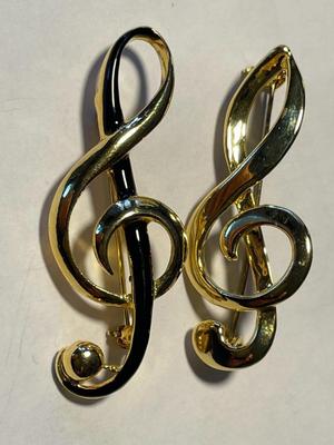 (2) Gold-tone Preowned Musical Clef Note Pin/Brooches - 2.25" Tall in Very Good Condition as Pic'd.