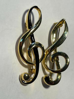 (2) Gold-tone Preowned Musical Clef Note Pin/Brooches - 2.25" Tall in Very Good Condition as Pic'd.