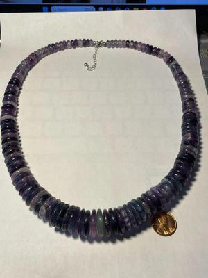 FAS Designer Huge Amethyst Quartz Graduated Disc Beaded Necklace 24-26" Adjustable Fashion Necklace w/Sterling Chain & Clasp