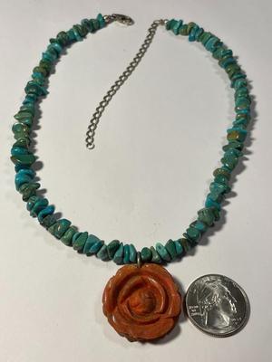 Vintage Preowned Carolyn Pollack Adjustable 16-20" Turquoise Chip Bead Necklace w/Carved Coral Rose Pendant Sterling Silver Catches...