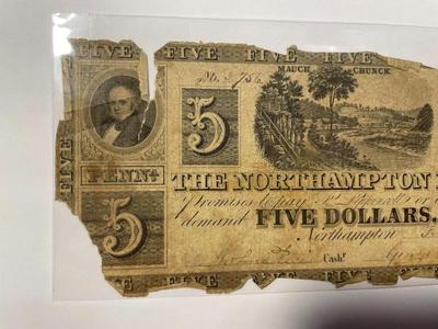 $5 1837 Northampton Pennsylvania PA Obsolete Currency Bank Note Bill RARE Issue in Heavily Circulated Condition. FREE DOMESTIC SHIPPING.