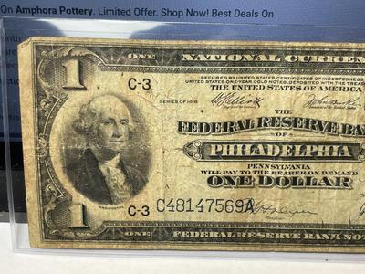 Series of 1918 $1 Philadelphia National Currency Taped in Heavily Circulated Condition as Pictured.