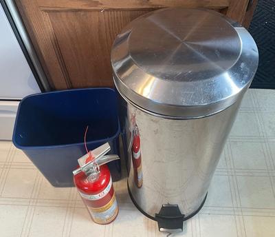 Garbage cans and fire extinguisher