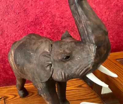 Vintage Large Leather Lucky Elephant Trunk up, plus
