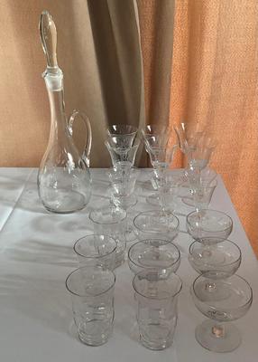 Hand blown decanter w/Etched design w/wine and juice glasses/dessert dishes