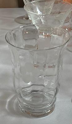 Hand blown decanter w/Etched design w/wine and juice glasses/dessert dishes