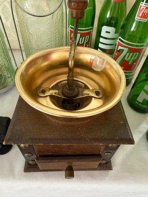 Vintage 7up bottles, Coffee Grinder, ND coal truck, two bottles w/screw off bottom.