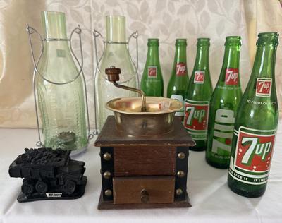 Vintage 7up bottles, Coffee Grinder, ND coal truck, two bottles w/screw off bottom.