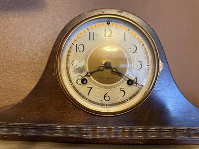 New Haven Mantel Clock, Brass Lamp w/pink shade