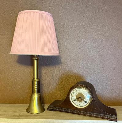 New Haven Mantel Clock, Brass Lamp w/pink shade