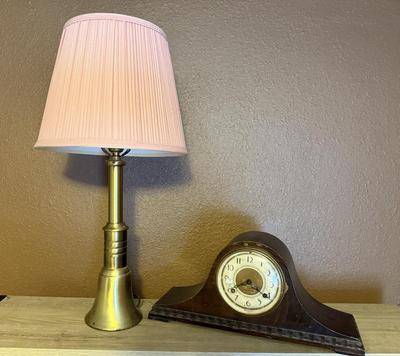 New Haven Mantel Clock, Brass Lamp w/pink shade