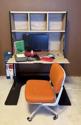 Fold up Desk, chair on rollers plus contents shown in the picture.