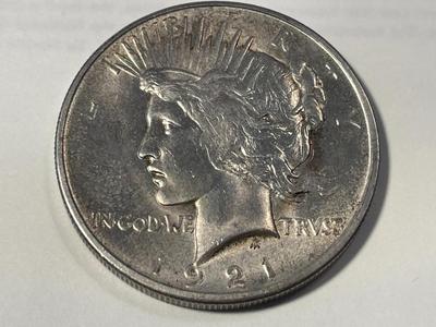 Scarce High Relief 1921 AU58/UNC Peace Silver Dollar Nice Problem Free Coin as Pictured. FREE DOMESTIC SHIPPING.