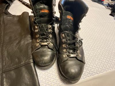 Harley Davidson grouping, boots are a 12, Biker Chaps size 50