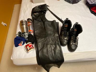 Harley Davidson grouping, boots are a 12, Biker Chaps size 50
