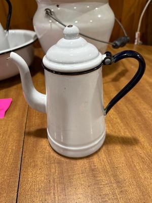 White enamelware coffee pot, Washboard, Rolling Pin/holder