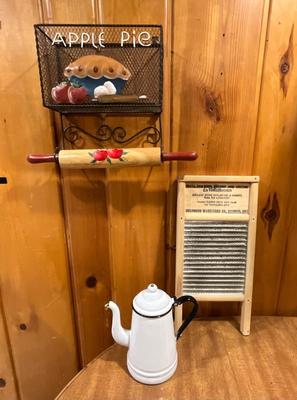 White enamelware coffee pot, Washboard, Rolling Pin/holder