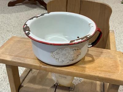 Vintage Potty chair with white/red trim enamelware bowl