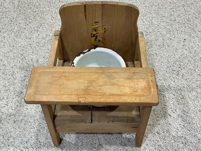 Vintage Potty chair with white/red trim enamelware bowl