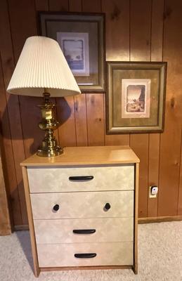 Dresser, Brass Lamp and wall pictures