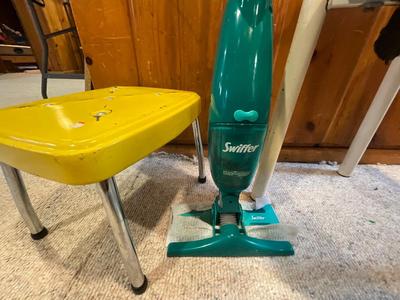 Yellow step, green chair, Dirt Devil, Swiffer