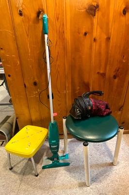 Yellow step, green chair, Dirt Devil, Swiffer