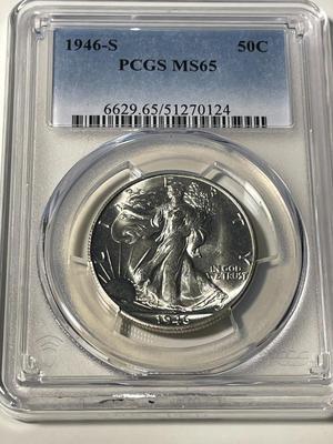 PCGS CERTIFIED 1946-S MS65 WALKING LIBERTY SILVER HALF DOLLAR AS PICTURED. FREE DOMESTIC SHIPPING.
