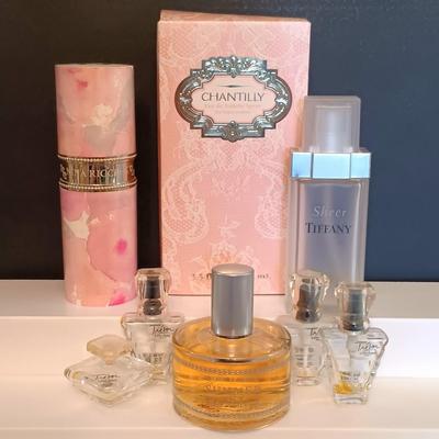 LOT 274: Crabtree & Evelyn Summer Hill 2 fl Oz and Chantilly 3.5 fl Oz Eau de Toilette Sprays with Empty Tiffany Sheer 1.7 fl Oz...
