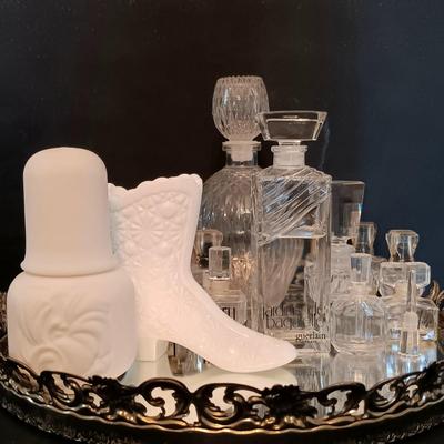 LOT 276: Fenton Milk Glass Boot, Anais Anais R. Royale Paris Vintage Ceramic Bottle, Jardine de Bagatelle 4 fl oz Bottle & More